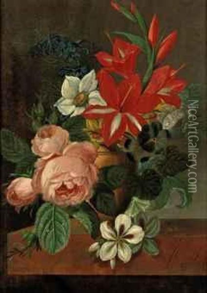 Roses, Lilies, Voilets And Other Flowers In An Urn On A Ledge Oil Painting - Cornelis Johannes De Bruyn