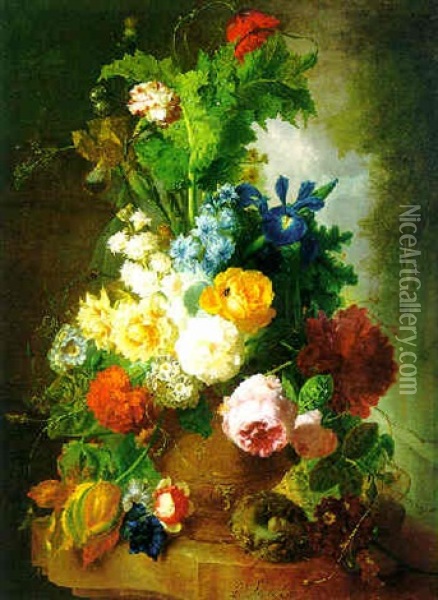 Still Life Of Flowers In A Terracotta Vase And A Bird's Nest On A Marble Ledge In A Landscape Oil Painting - Jan van Os