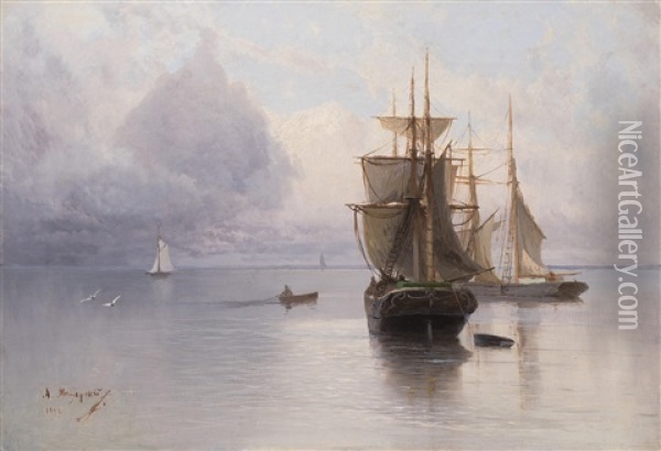 Ship At Sea Oil Painting - Arseniy Ivanovich Meshchersky