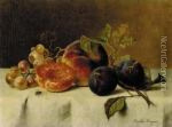 Grapes, Plums, And Peaches On A Table Oil Painting - Emilie Preyer