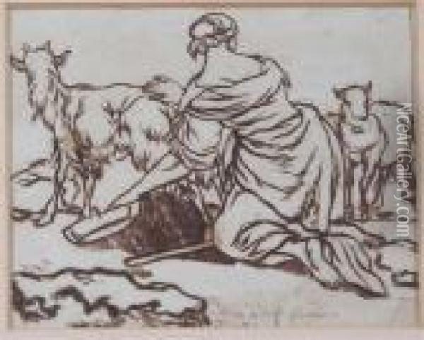 Berchem:farm Hand With Goats Oil Painting - Nicolaes Berchem