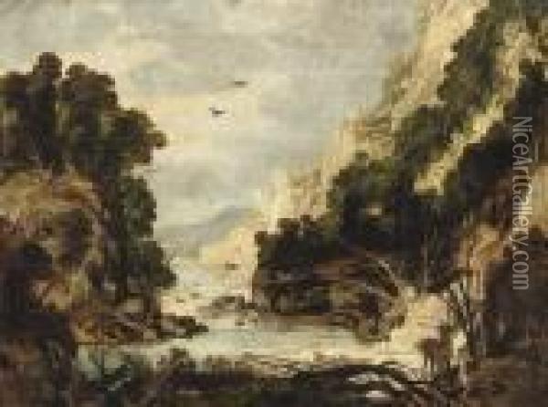 A Rocky River Landscape With Hunters And Deer Oil Painting - Joos De Momper
