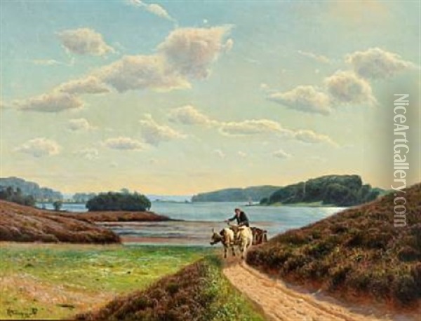 Landscape With Ox-drawn Cart On A Path In The Background View Over A Inlet Oil Painting - Emil August Theodor Wennerwald