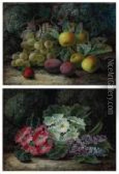 Primroses And Lilac; Grapes, Apples, Plums Anda Strawberry Oil Painting - Oliver Clare