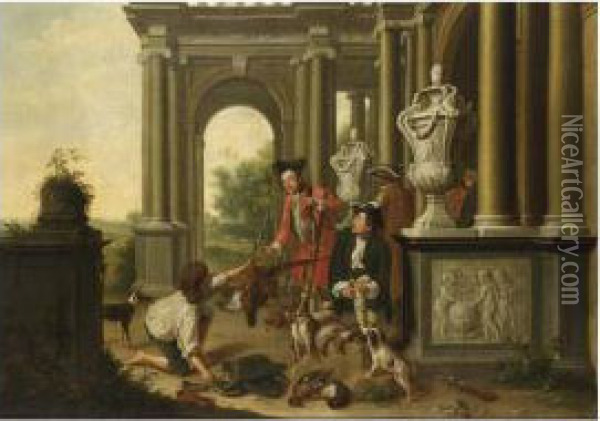 The Successful Hunt: An Elegant 
Hunting Party Near A Classical Building With A Sleeping Sportsman To The
 Foreground And A Staghunt To The Background Oil Painting - Peter Jacob Horemans