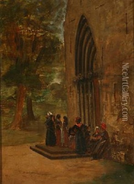 People In Front Of A Church, Presumably On The Friesian Island Of Fohr Oil Painting - David Jacobsen