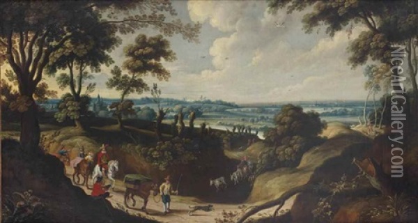 An Extensive Landscape With Travellers On A Sandy Path Oil Painting - Lucas Van Uden