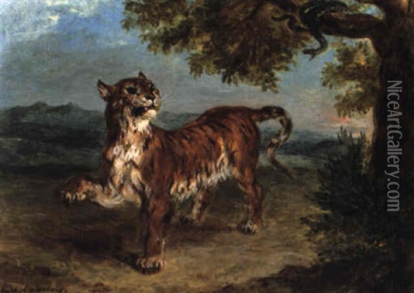 Tigre Et Serpent Oil Painting - Eugene Delacroix