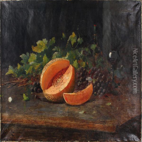 Still-life With Melon, Grapes And Wine Glass Oil Painting - Carl Christian E. Carlsen