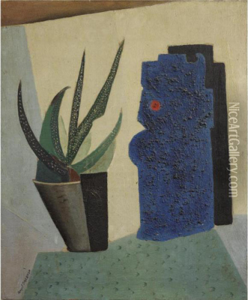 Still Life With Cactus Oil Painting - Angel Zarraga Arguelles