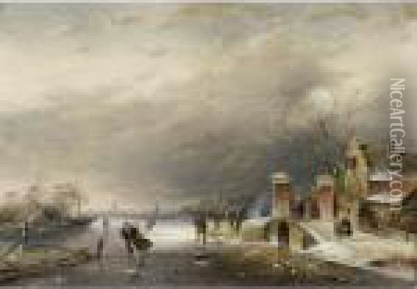 A Winter Landscape With Figures On A Frozen Waterway Oil Painting - Charles Henri Leickert