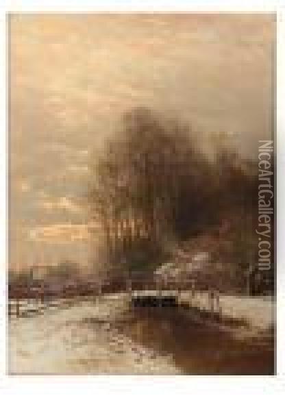 A Winter Landscape With A Peasant Woman And A Child On A Snowy Pathat Sunset Oil Painting - Louis Apol