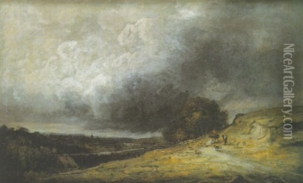 Shepherdess And Flock Before A Storm Oil Painting - Georges Michel