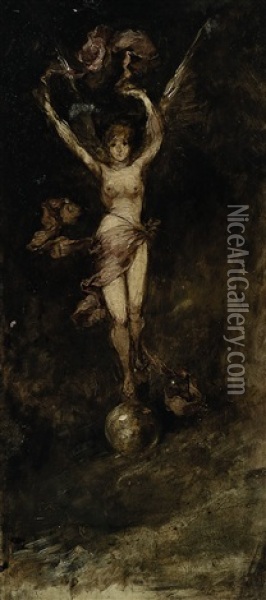 Geflugelte Allegorische Frauenfigur, Auf Einer Kugel Stehend Oil Painting - Friedrich Stahl