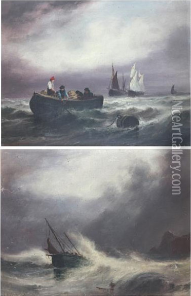 Fishing Boat In Rough Sea, Together Withanother Of Fishermen And Their Boats In A Calm Oil Painting - S.L. Kilpack