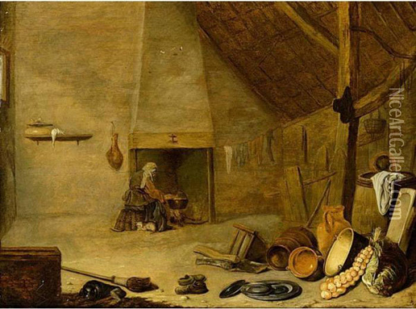 A Barn Interior With A Woman Near The Fireplace Oil Painting - Herman Saftleven