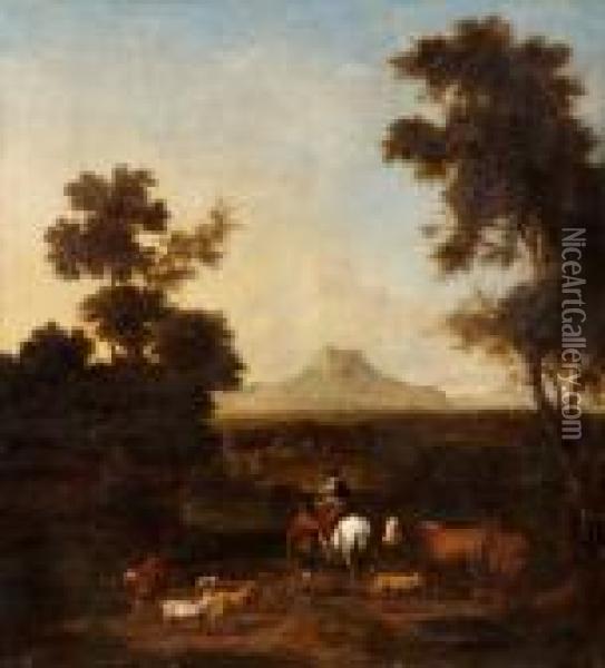 Italienskt Landskap Med Figurer Och Boskap Oil Painting - Nicolaes Berchem