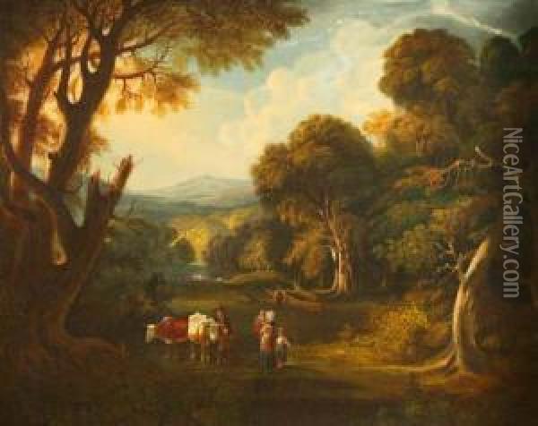 Arustic Family And Animals In An Irish Landscape Oil Painting - Thomas Saut. Roberts