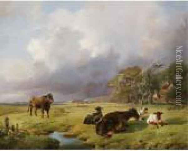 Cows In A Summer Landscape Oil Painting - Louis Marie Dominique Romain Robbe