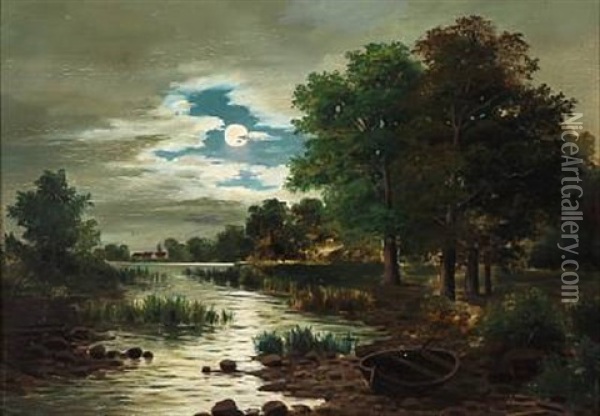 Full Moon With A Forest Lake Oil Painting - Adolf Chwala