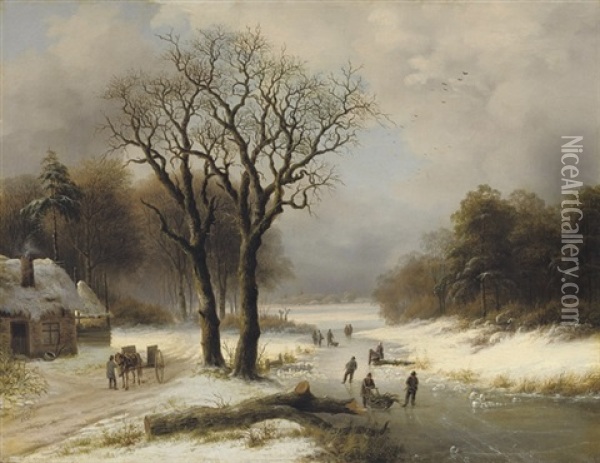 Daily Activities On The Ice Oil Painting - Willem Simon Petrus van der Vijver