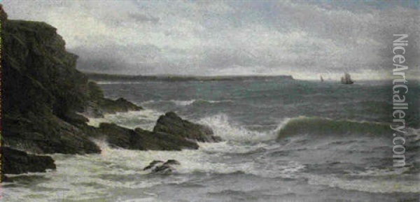 Breaking Waves With Fishing Boats In The Distance Oil Painting - David James
