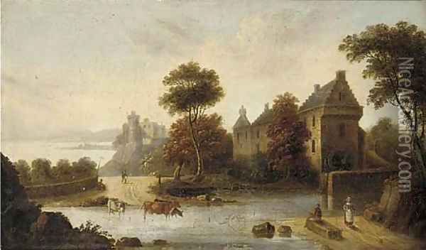Figures and cattle before a watermill, a castle beyond Oil Painting - English School