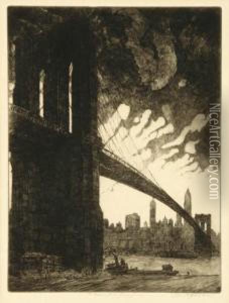 Brooklyn Bridge, Twilight Oil Painting - Horace Devitt Welsh