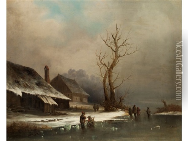 Winterlandschaft Mit Zugefrorenem Fluss, Schlittschuhlaufern Und Schloss Oil Painting - Andreas Schelfhout