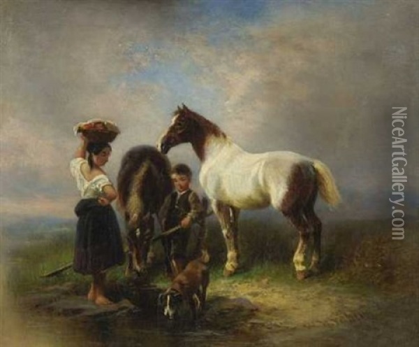 Kinder Mit Pferden Und Hund Am Wasser Oil Painting - Wilhelm Alexander Meyerheim