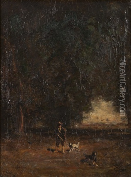 Hunter And Dogs In A Landscape Oil Painting - Thomas Hill