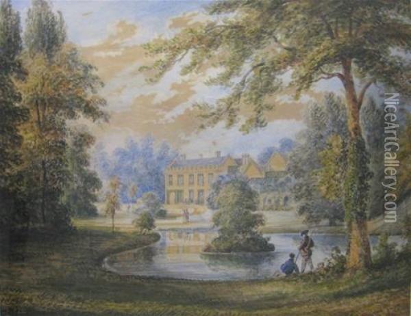 Untitled (view Of The Manor House Fromthe Lake) Oil Painting - Richard Bankes Harraden
