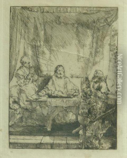 Christ Seated At A Table With Onlookers Oil Painting - Rembrandt Van Rijn