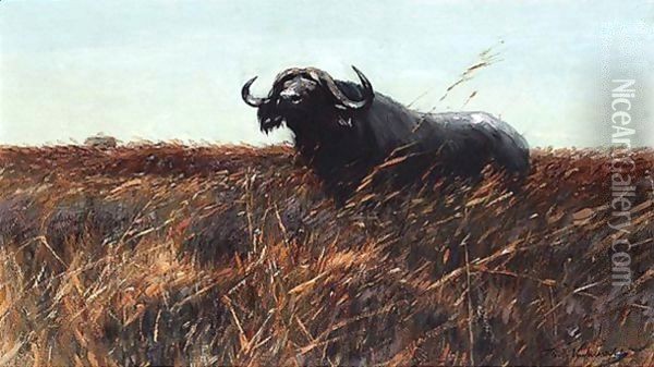 Kafferbuffel Sichernd (Buffalo On The Alert) Oil Painting - Wilhelm Kuhnert
