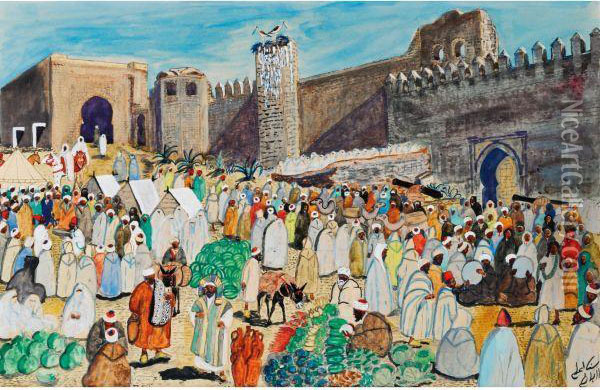 Marche Et Jour De Fete Devant La Kasbah Des Oudayas A Rabat Oil Painting - Mohammed Ben Ali R'Bati