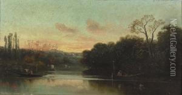 Flusslandschaft In Der Abenddammerung. Oil Painting - Henry Van Brunt