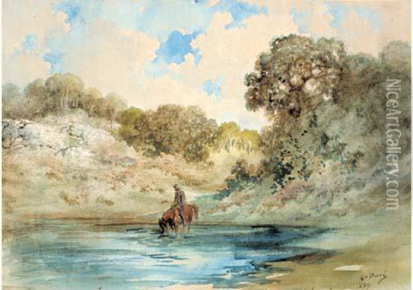Cavalier Abreuvant Son Cheval Oil Painting - Gustave Dore