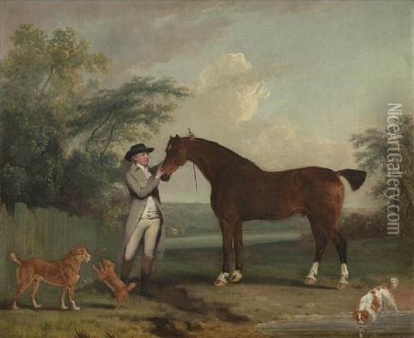 Portrait Of A Gentleman In A Grey Coat, With His Hunter, Before An Open Landscape Oil Painting - Thomas Gooch