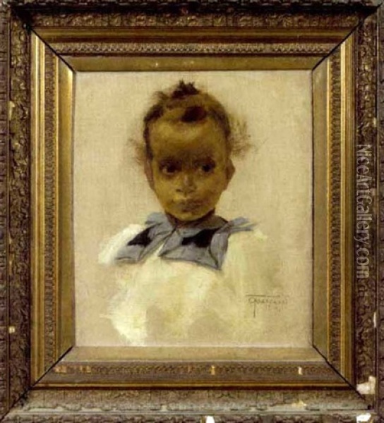 Portrait Of A Young Black Girl Wearing A White Blouse With Blue Collar Oil Painting - Otto Toaspern