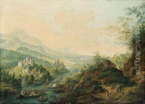 An Extensive Rhenish Landscape With Castles Along A River Andpeasants Boating Oil Painting - Jan Griffier