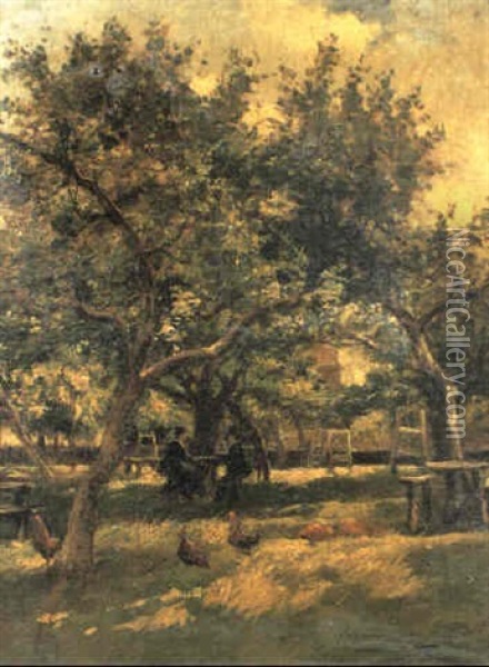 Figures And Poultry In An Orchard Oil Painting - Adolphe Felix Cals