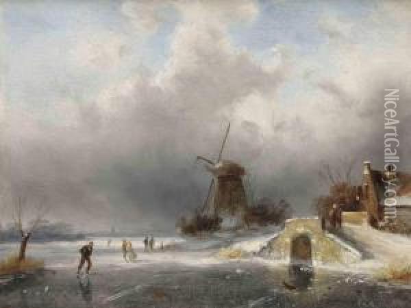 Figures Skating On Ice Near A Windmill Oil Painting - Charles Henri Leickert