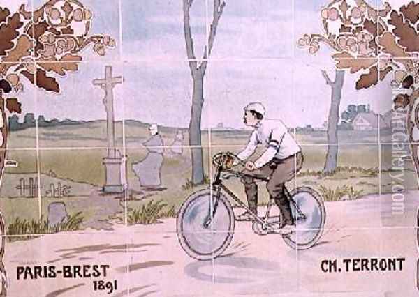 Charles Terront competing in the first ever long-distance cycle race in 1891 Oil Painting - Ernest Montaut