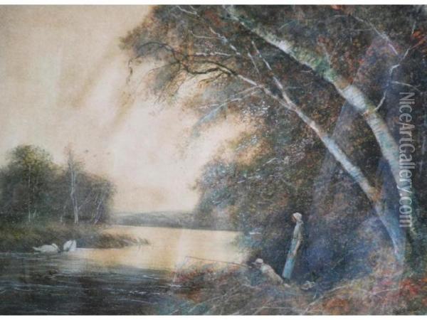 River Scene With Figures On The Bank Oil Painting - Fred Hines