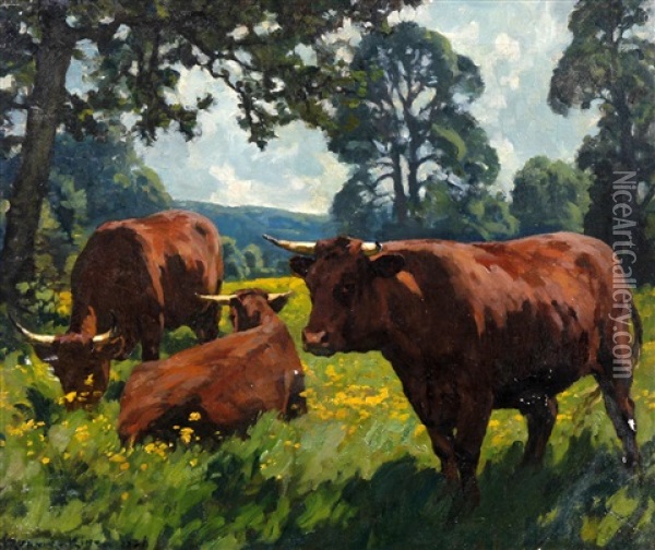 Beef Cattle Grazing In A Meadow (+ A Dairy Herd Watering By A Stream, 1937; 2 Works) Oil Painting - William Gunning King