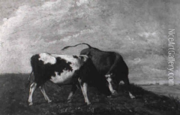 Twee Koeien Op Een Dijk Oil Painting - Johannes Hubertus Leonardus de Haas