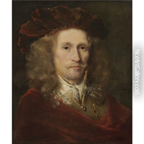 Portrait Of A Gentleman, Wearing A Red Embroidered Cap, A Brown Doublet And A Red Cloak Oil Painting - Ferdinand Bol