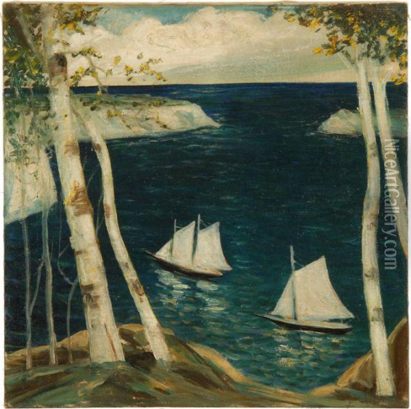 Sailboats Off A Rocky Coast Oil Painting - Jonas Lie