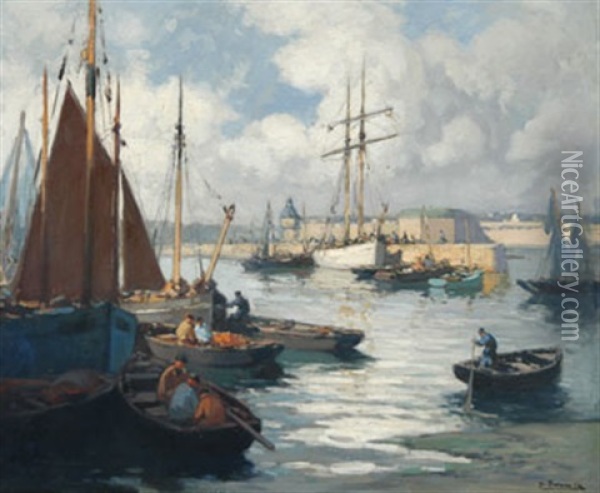 Le Port De Concarneau, Goelette A Quai Oil Painting - Henri Alphonse Barnoin