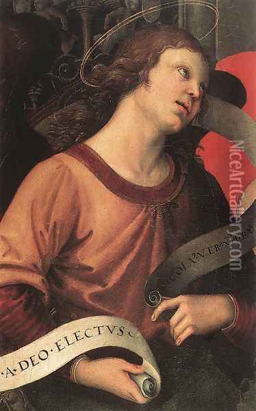 Altarpiece of St. Nicholas of Tolentino (detail of an angel holding and inscription) 1501 Oil Painting - Raphael